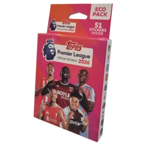 Eco Pack zu Topps Premier League Sticker 2025/2026: 8 Tüten à 6 Sticker (= 48) + Bonuspack mit 3 Stickern inkl. 1 seltenem Glitzersticker.