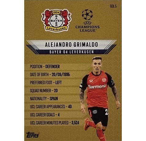 Topps Champions League EXTRA Match Attax 2024-2025 / GOL 5 ALEJANDRO GRIMALDO / GOLD EDGE – Bild 2