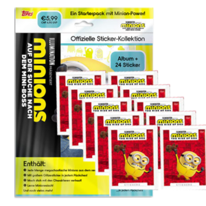 Topps Minions Sticker 2022 Suche nach dem Mini-Boss - 1x Starterpack + 10x Stickertüten