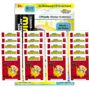 Topps Minions Sticker 2022 Suche nach dem Mini-Boss - 1x Starterpack + 20x Stickertüten