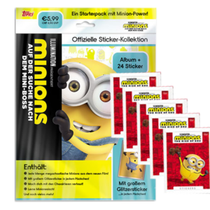 Topps Minions Sticker 2022 Suche nach dem Mini-Boss - 1x Starterpack + 5x Stickertüten