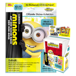 Topps Minions Sticker 2022 Suche nach dem Mini-Boss - 1x Starterpack + 1x Display je 36x Tüten